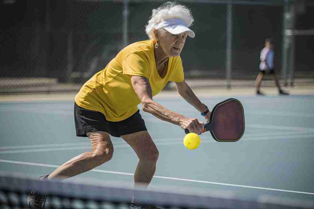 An elderly woman playing pickleball demonstrates how to play pickleball better by focusing intently on hitting the ball with her paddle.