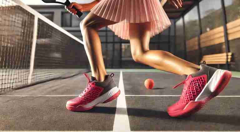 A woman crouching on a pickleball court, focusing on her pink shoes and holding a paddle near a pickleball ball.