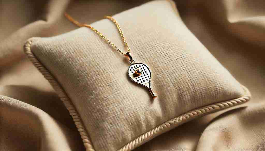 Delicate gold pickleball paddle necklace displayed on a soft cushioned pillow, highlighting its intricate design and elegant craftsmanship.