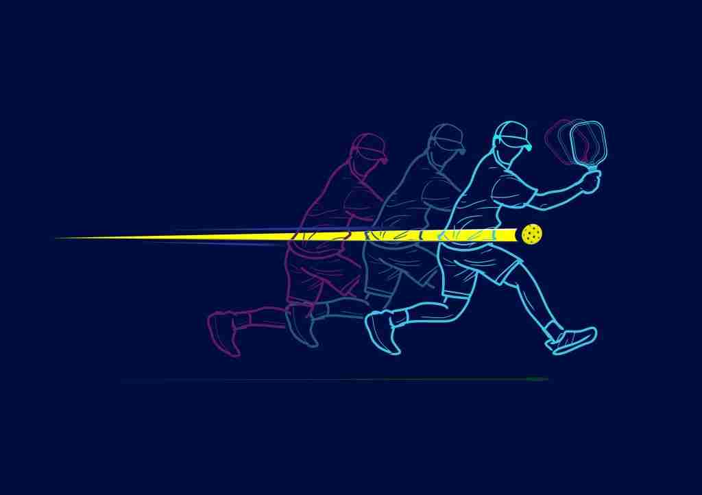 Illustration showing pickleball footwork progression, with a player in motion performing a dynamic shot and hitting a fast-moving ball.