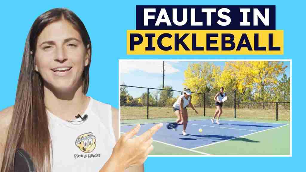 Female instructor from Pickleheads explains pickleball faults with on-court demonstration of a fault scenario during a doubles game.