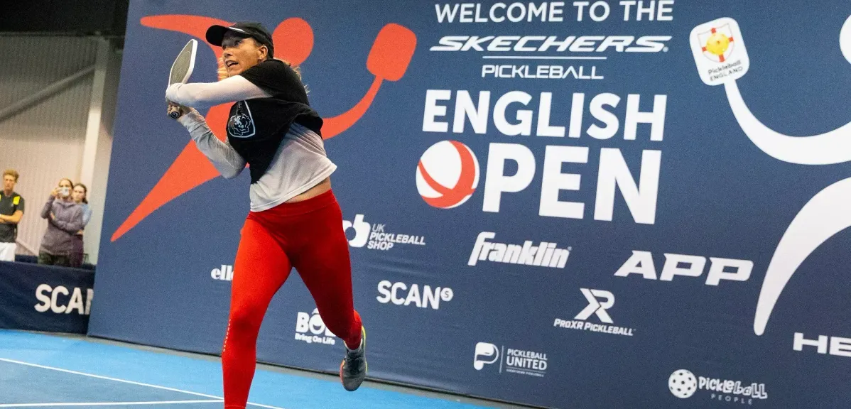 Female player hitting a forehand shot during the Pickleball English Open 2025 at the Telford International Centre