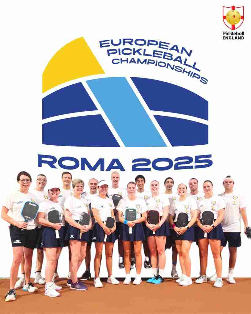 eam England players pose proudly at the European Pickleball Championships 2025 in Rome, standing in front of the official event logo.