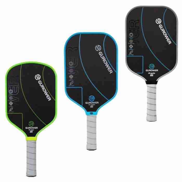 Set of three Gurower t700 pickleball paddles with carbon fiber surface, featuring green, blue, and gray trim designs and white grips.