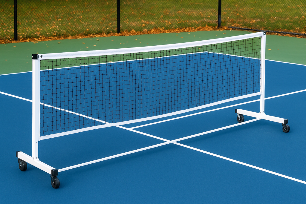 A portable pickleball net with wheels on an outdoor court, highlighting easy setup and transport — ideal for players looking for the best portable pickleball nets with wheels.
