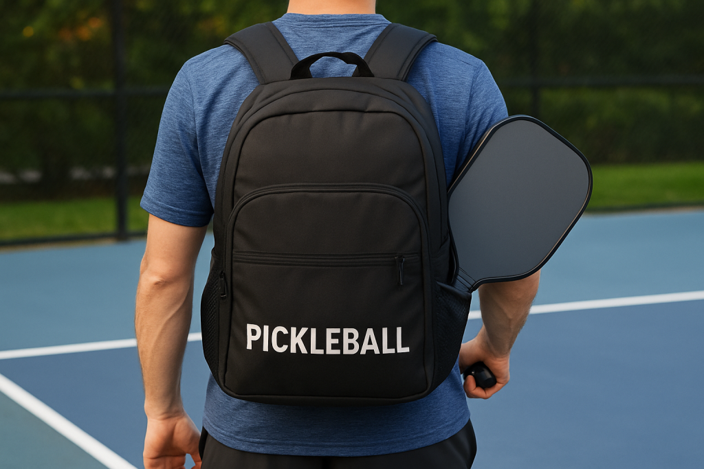 A pickleball player stands on an outdoor court with a black pickleball bag on their back and a paddle in hand.