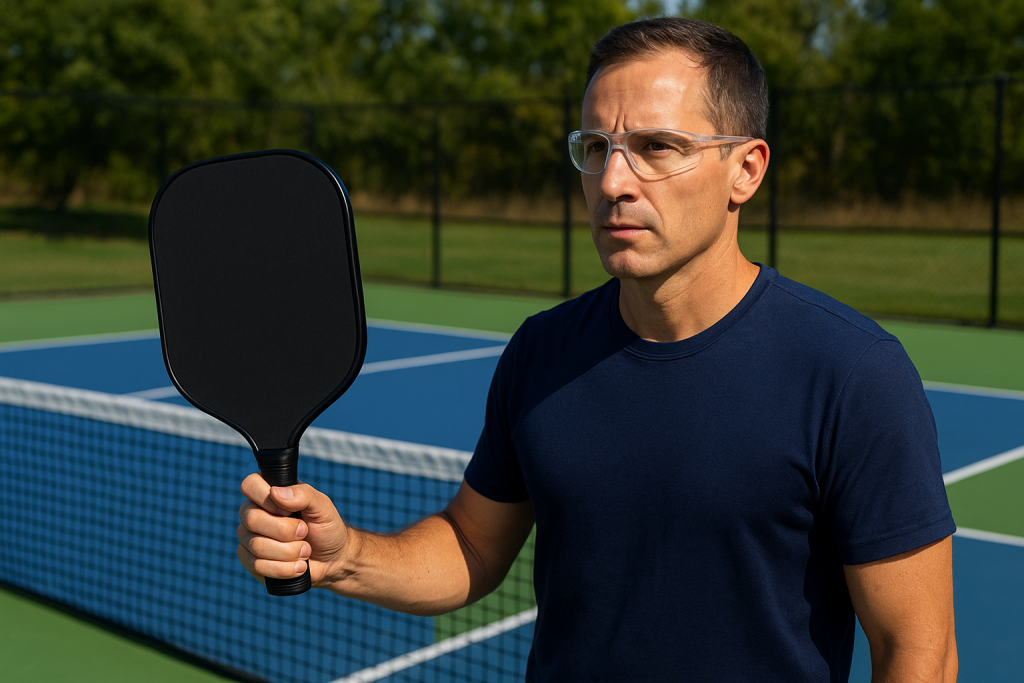 A male athlete wearing clear pickleball eye protection stands focused on an outdoor pickleball court, holding his paddle and ready for play.