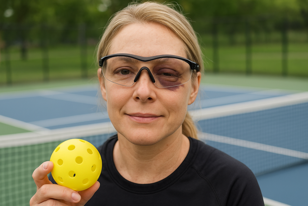 A woman on a pickleball court wearing sunglasses and holding a paddle, emphasizing protection and awareness about pickleball eye injury prevention.