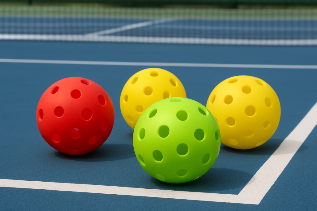 Four colorful pickleball balls placed on a blue pickleball court, highlighting the different designs and colors of each pickleball ball for outdoor play.