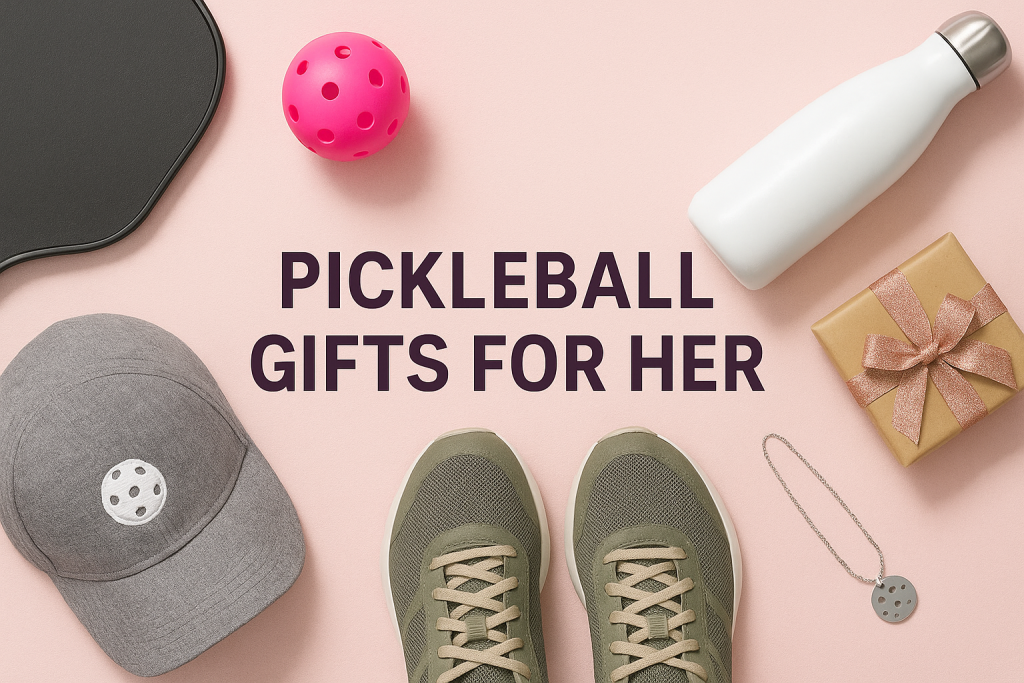 Flat lay image showing various items on a pink background, including a gray baseball cap, a black pickleball paddle, a neon pink pickleball ball, a white water bottle, green athletic shoes, a necklace with a pickleball charm, and a wrapped gift box. These items are excellent pickleball gifts for her.
