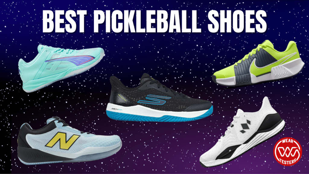 Where to buy pickleball shoes online UK: A collage showing the best pickleball shoes from Skechers, New Balance, and other brands.