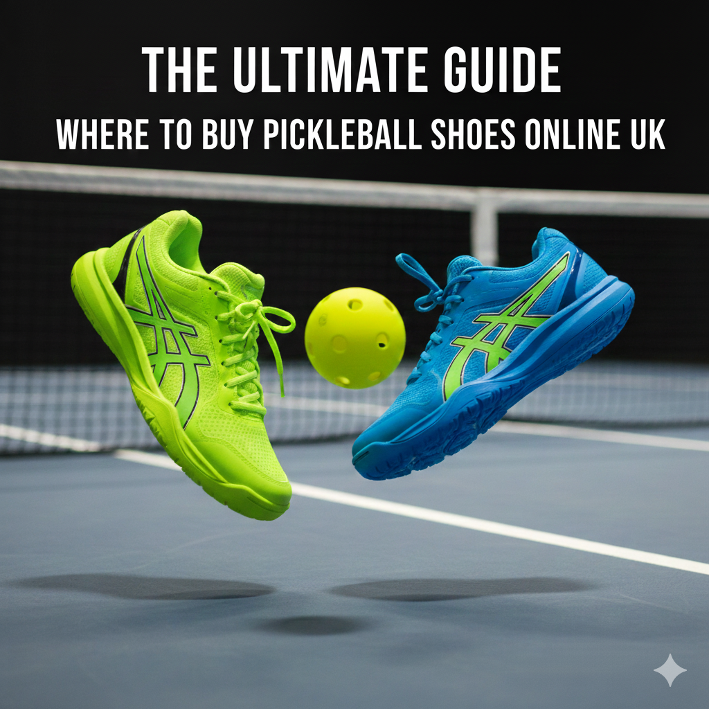 The Ultimate Guide: Where to buy pickleball shoes online UK. A vibrant hero image showing a neon yellow court shoe and a blue court shoe with a pickleball floating between them on a court, emphasizing lateral movement.