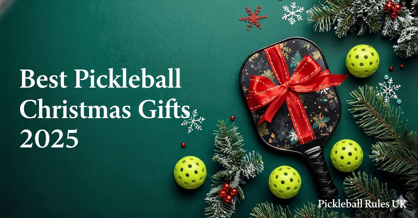 Image showcasing the Best Pickleball Christmas Gifts 2025, featuring a pickleball paddle wrapped with a red bow, several bright yellow pickleballs, and Christmas greenery against a dark green background.