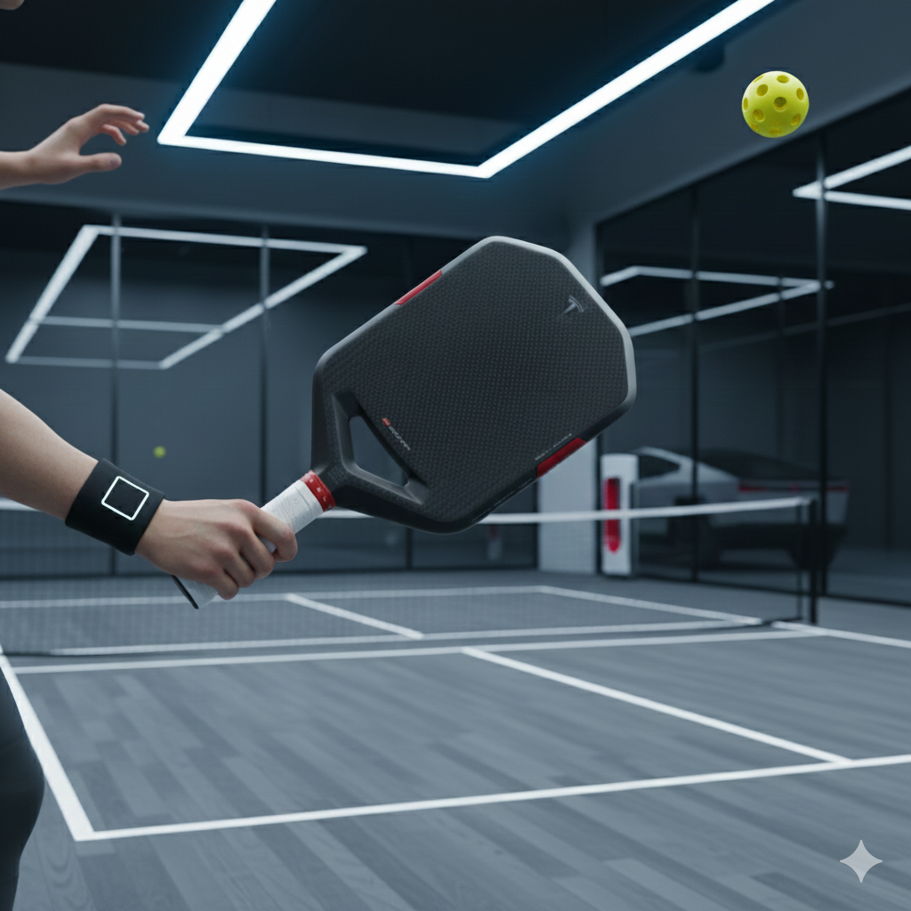 A player holding the aerodynamic Tesla pickleball paddles on a modern indoor court, highlighting the open-throat design and carbon fiber surface.