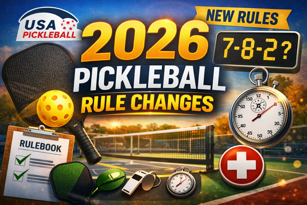 A comprehensive infographic featuring a paddle, whistle, and rulebook on a court, highlighting the 2026 Pickleball Rule Changes for players and referees.