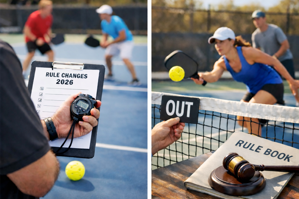 A collage showing a referee holding a stopwatch and a rulebook on a court, representing the enforcement of new 2026 Pickleball Rule Changes during play.